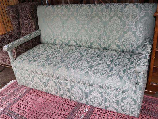 Green upholstered 3 seater Jacobean style settee(-)